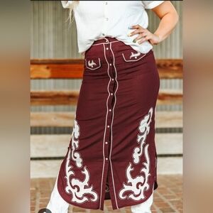 NWT Wine Boot Stitch Embroidered Snap-Front Western Maxi Skirt